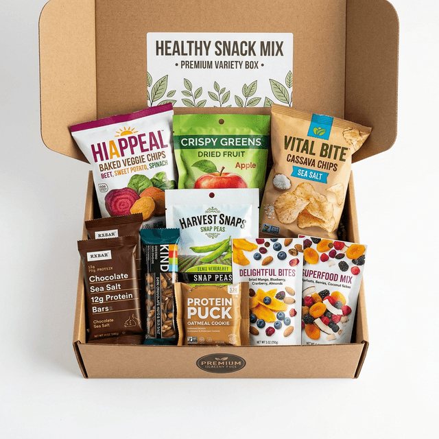 Premium variety box filled with healthy vending machine snacks like protein bars and veggie chips